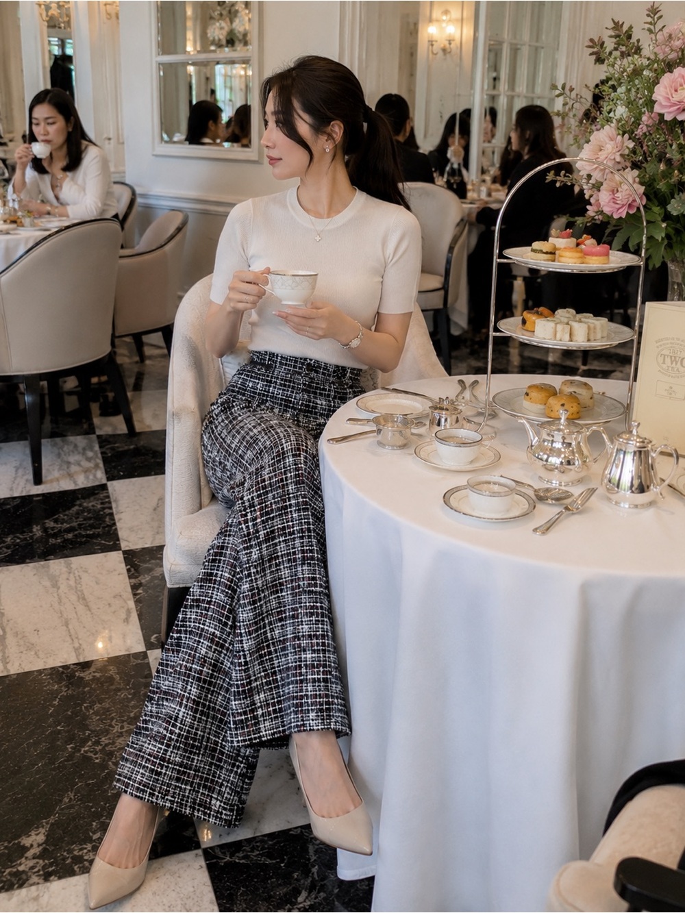 Tailor Made Tweed High Rise Wide Leg Pleated Pants Trousers